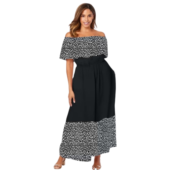 Jessica London Off The Shoulder Maxi Cheetah Print Ruffle Neckline Plus Size - Picture 1 of 16